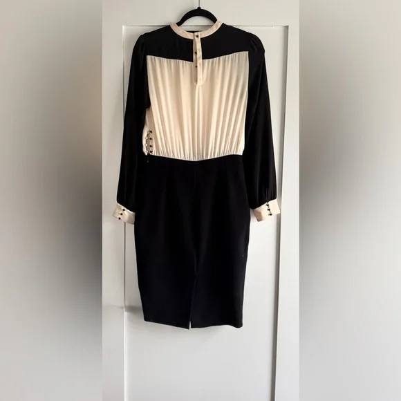 Zara Cream Black Pleated Long Sleeve Contrast Dress Size M (Runs Small) - Picture 4 of 13